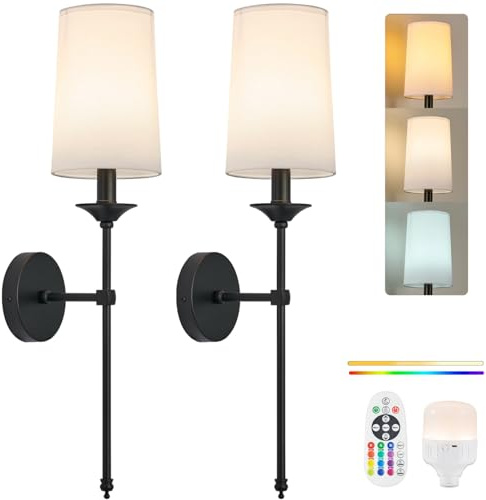 PASSICA DECOR Battery Operated Wall Lights Set of 2 Black Candlestick Powered Sconce with 15 Color Dimmable Remote Control Wireless Lighting, Rechargeable Wall Lights for Indoor Bedroom