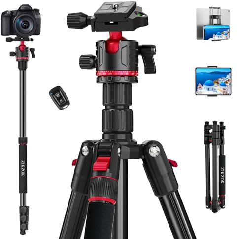 ZIKZOK Treppiede per fotocamera, treppiede professionale in alluminio e monopiede con testa a sfera a 360°, treppiede da viaggio leggero regolabile per DSLR, tablet