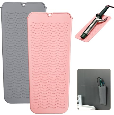 2 värmebeständig silikonmatta med hängande hål, plattång värmebeständig resematta och påse för locktång, plattång, plattång och andra heta hårstylingverktyg, 30 x 13 cm, rosa + grå