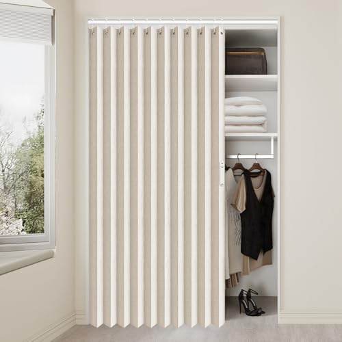 Vatge - Cortina para Armario Abierto o Plegable, Cortinas de Puerta Estilo acordeón, Alta privacidad para Dividir Habitaciones, 1 Panel con alzapaños, 132 cm de Ancho x 198 cm de Largo, Color Beige