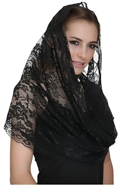 Proumhang Spanischer Stil Spitze Schal Traditioneller Vintage Inspirierter Unendlicher Blumenschleier Hochzeit Brautschleier Mantilla Schleier für die Kirche Lateinische Messe Kopfbedeckung Schwarz