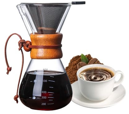 Cafetière pour Over - Machine à café en verre - Poignée en bois isolée - En acier inoxydable réutilisable - Avec filtre permanent - Sans papier - 600 ml