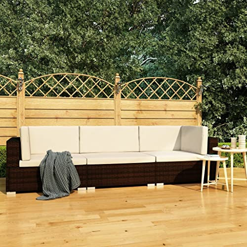 Hommdiy Garten Sofagarnitur 3-TLG. mit Auflagen 3er Sofa Couch Lounge Gartensofa Gartenmöbel Sitzgruppe Rattansofa Poly Rattan Braun und Creme,3-TLG.