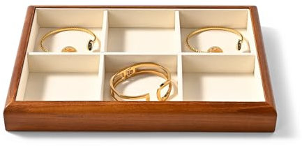 Papten Holz Schmucktablett, Schmuck Organizer Schmuckeinsatz für Schublade stapelbare Schmuckablage 6 Fächer Schmuck Display 25x17x3cm (Beige)