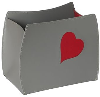 LIMAC Design Beatrice Zeitungsständer modern aus Leder, Zeitschriftensammler mit aufgenähtem Herz, Originaler Zeitungskorb, Bücherkorb, Hergestellt in Italien. (Taubengrau, rotes Herz)