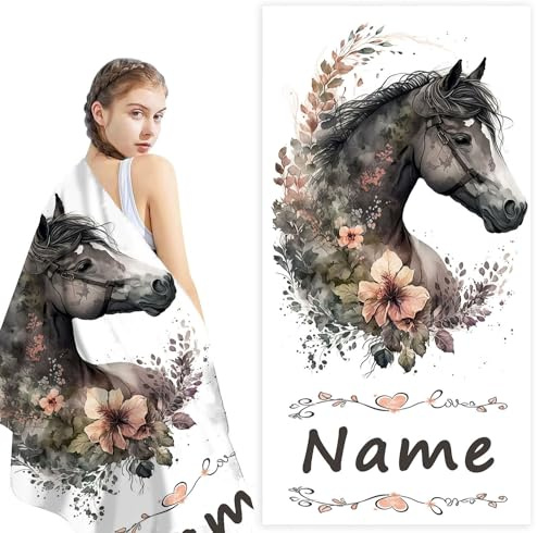 Fadaing Pferd Strandtuch mit personalisiertem Namen, Mikrofaser 90x180cm | Scharfer Pferd-Motivdruck, farbecht und waschfest ohne Ausbleichen