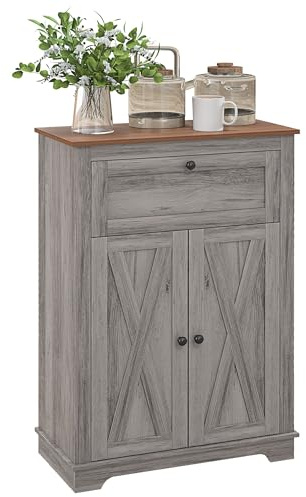 HOMCOM Farmhouse Barn Door Accent Cabinet, Kitchen Sideboard Storage Cabinet with Double Doors, Drawer, and Adjustable Shelf for Living Room, Gray