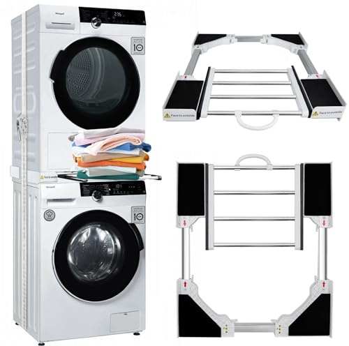 Universal Stacking Kit for Washer and Dryer, Adjustable Washer Dryer Stack Stands Fit for 55-73 cm Washing Machine and Tumble Dryers, Washing Machine Stacking Kit with Shelf Washer Dryer Stacking Kit