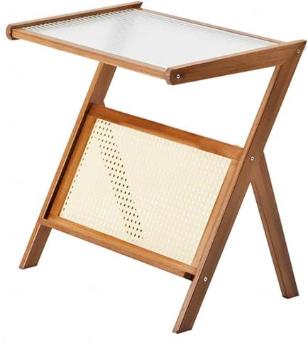 Table d'appoint en bambou - Table d'appoint moderne avec porte-revues - Table de chevet avec plateau en verre semi-transparent pour salon, chambre à coucher, petit espace, naturel - 50 x 36 x 56