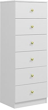 Panana Wooden Vertical Chest of Drawers, Tall Storage Cabinet 6 Drawers Dresser Bedroom Storage Cupboard with Wide Drawers & Metal Gold Handles for Living Room Hallway (White, 6 Drawers)