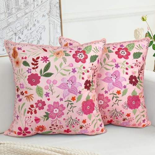 HZYKDWD Floral Pillow Covers 45x45 cm Set of 2,Pink Farmhouse Floral Pillow Covers Decor Double Sided Pattern Cushion Cover Soft Pillow Case Living Sofa Room Bed Porch Patio Square Pillow Cover