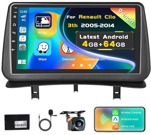 Inefala 4G+64G Autoradio Android 15 per Renault Clio 3 2005-2014 | 9 Pollici Touchscreen, Wireless CarPlay, Android Auto, GPS, WiFi, RDS/FM, DSP, BT, MIC, Retrocamera
