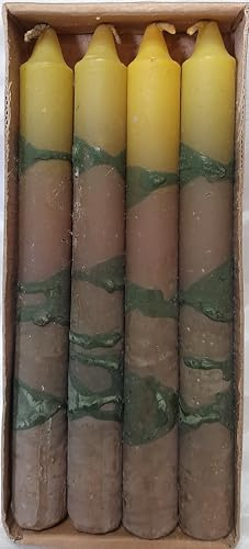 Set di 4 Candele Artigianali a Colonna, Decorative Tricolore Giallo-Verde-Marrone
