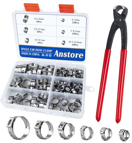 Anstore 90pcs Stainless Steel Jubilee Clips Hose Clamp Kit with Tool, Clips Clamps 6-21mm Assorted Sizes (Includes Sliver Fuel Line Clamps, Pipe Clips, Hose Clamp Pliers) for Plumbing, Automotive, DIY