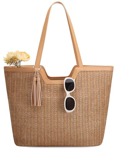 VASCHY Bolso Playa Paja Mujer,Tote Boho con Cremallera,Marrón