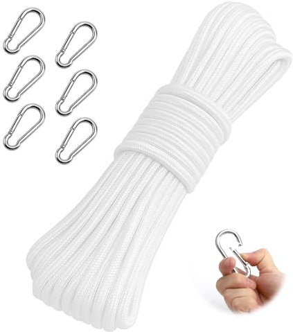 APOMOONS Corda per Bandiera da 20 Metri, Corde in Poliestere Resistente da 6 mm, Dotata di 6 Ganci Metallici, Corda per Pennoni, Altalena da Esterno, Stendibiancheria, Giardini, Campeggio(Bianco)