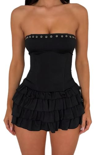 SANSIWU Women's Strapless Mini Tube Top Dress Sleeveless Back Tie A Line Corset Short Dresses Fitted Layer Cake Mini Dress (A-Black, S)