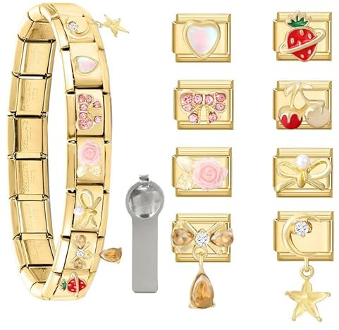 Dihope Italian Charm Bracelet Gold Italian Charms Set Edelstahl 9mm, DIY Abnehmbar Module für Italienische Armbänder, Italian Style Charms für Damen Herren Kinder Jungen Mädchen