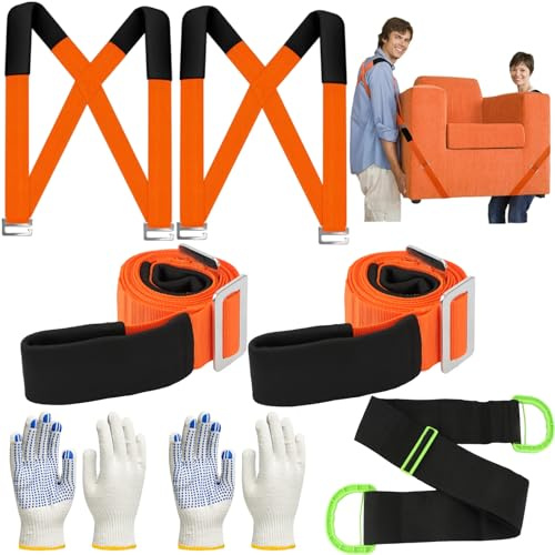 2-Person Lifting Straps for Movers Kit, Anti Slip Moving Straps Load Capacity 600LB, Adjustable Lifting Moving Strap with Single Person Furniture Lifting Strap and Gloves for Carrying Furniture