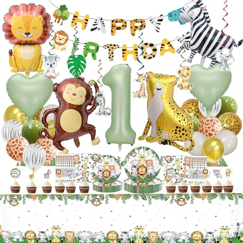 Wild one geburtstag deko, Deko 1. geburtstag junge Mädchen, 85 Stück dschungel deko, Enthält banner, Tortendeko, Ballons, Tischdecke, Papierfach, Papierserviette