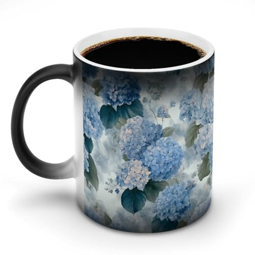 Jubonexis Large Hydrangea Flowers Floral Color Changing Mugs Heat Changing Ceramic Coffee Mug Novelty Funny Tea Water Cup 11OZ
