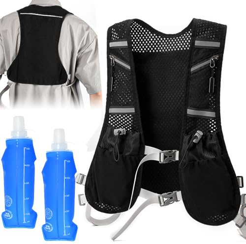 VGECEE Gilet da Corsa Uomo Donna con 2 Borraccia Morbida 500ml, Gilet da Corsa Riflettente Traspirante Breghetti Toracici Regolabili Zaino Trail Running Super Leggero per Maratona Ciclismo Arrampicata