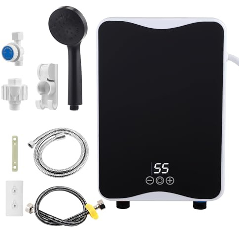 Chauffe-eau électrique instantané (avec kit de douche) 5500 W 220 V Mini chauffe-eau instantané sans réservoir d'eau chaude, affichage de la température LED + technologie inverseur intelligente (6000