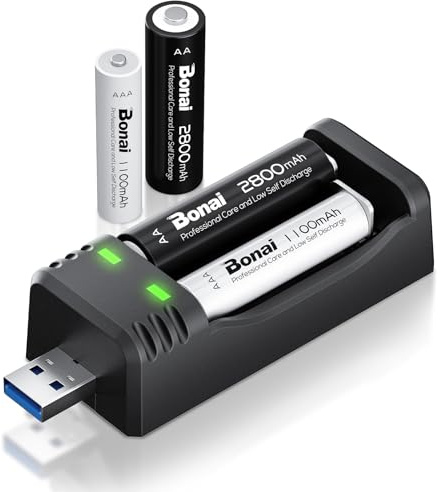 BONAI Uppladdningsbara batterier, 2 x AA och 2 x AAA 1,2 V, 2 800/1 100 mAh, hög kapacitet, med laddare, USB-snabbladdare för AA-, AAA- och Ni-MH-batterier