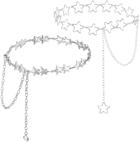 Valicaer 2 cadenas de cintura de estrella para mujer, cadena plateada, ajustable, Y2K, punk, joyería corporal para mujer, jeans, vestidos, faldas, festivales, moda