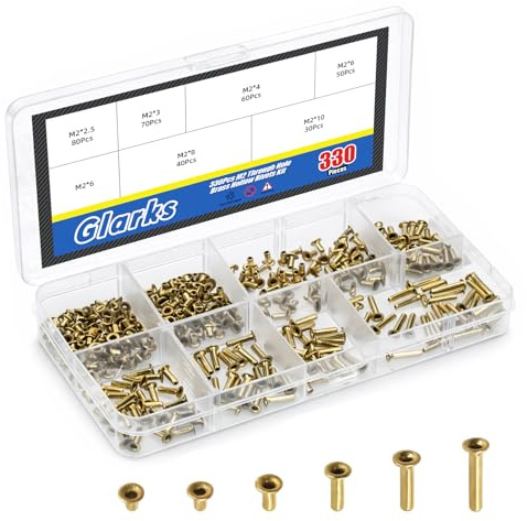 Glarks 330pcs M2 x 2.5/3/4/6/8/10mm Through Hole Copper Rivet Kit, Heavy Duty Hollow Rivet, Copper Air Eye Rivets, Brass Eyelets Rivets, Hollow Grommets Rivets for DIY Crafts, Leather, Clothes