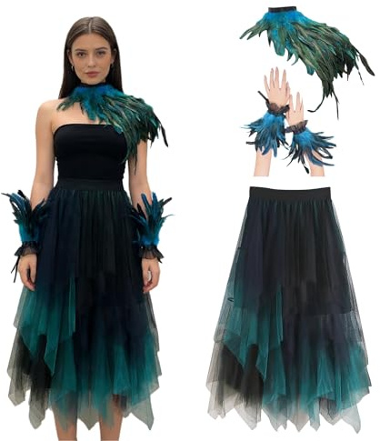 Hanraz 3 Stück Pfau Kostüm Damen - Tüllrock Blau Grün Gothic Federkragen Umhang Feder Manschetten Hand Peacock Costume Federrock Tüll Röcke Federkleid Karnevalskostüm