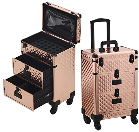 Warmiehomy Makeup Case Professional Beauty Hairdressing Trolley on Wheels Makeup Trolley Aluminium Makeup Organizer Suitcase Cosmetic Box 2 Drawers for Beauty Salon Travel 35 * 23 * 49cm（Rose Gold）