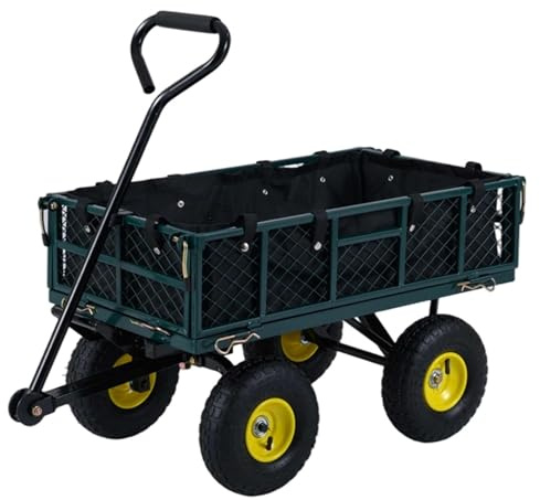 HOMASIS Carrello da Giardino Portatutto con 4 Ruote Grandi, Maniglia Regolabile, Rete Rimovibile, Fodera, Carretto Trasporto Porta Attrezzi, Carriola a Mano per Spiaggia, Campeggio, Portata 410 kg