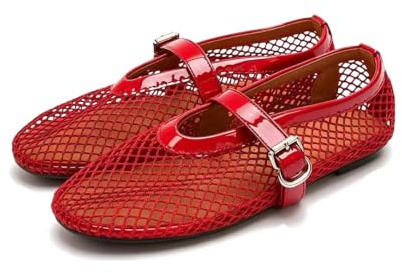 Mesh Ballet Flats for Women - Comfortable Fishnet Ballerina Flats with Buckle Strap, Wide Width Round Toe Shoes for Casual Summer Office Daily Dress & Party