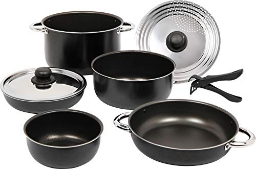 Berger | Set de Vaisselle de Camping 9 pièces | Casseroles, Poêles et Faitouts | Vaisselle Camping Car Caravane | Popote Camping pour Tous Types de Cuisinière | Noir