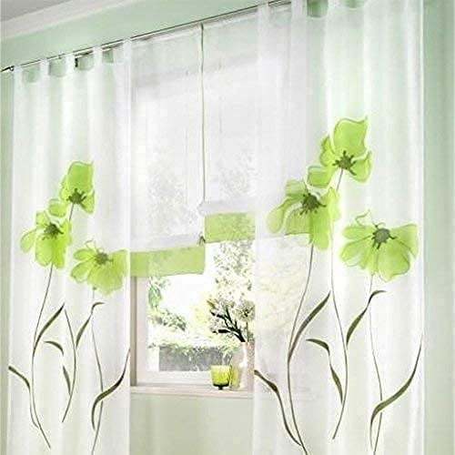 SIMPVALE 2 stücks Gardinenschal Gardine Print Blumen Vorhang für Wohnzimmer Schlafzimmer Schlaufenschal, Breite 150cm / Höhe 225cm, Grün