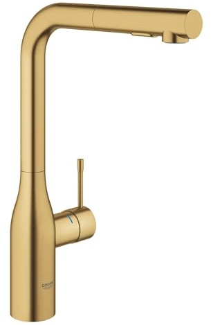 GROHE Essence Mitigeur monocommande Evier pour cuisine avec Douchette extractible (A Levier, Bec Haut en L, Rotation jusqu'à 360°), Gold Brossé, 30270GN0