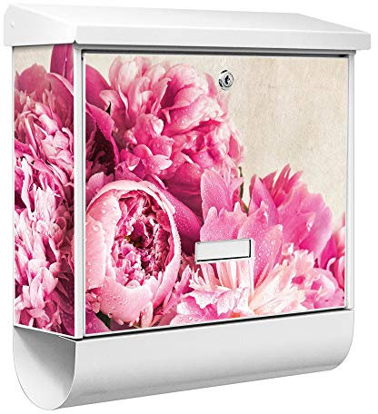 banjado® Burgwächter Briefkasten Weiß 38x39x12cm mit Motiv Pfingstrose/Briefkasten mit Zeitungsfach/Briefkasten mit Zeitungsrolle/Postkasten inkl. Montagematerial & 2 Schlüsseln