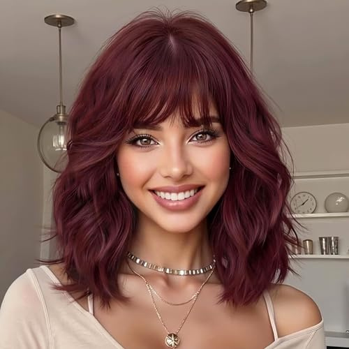 YEESHEDO Perücke Rot Damen Kurz Bob mit pony Locken Natürlich Perücken für Frauen Cosplay Perrucke Wig 14 Zoll (Weinrot)