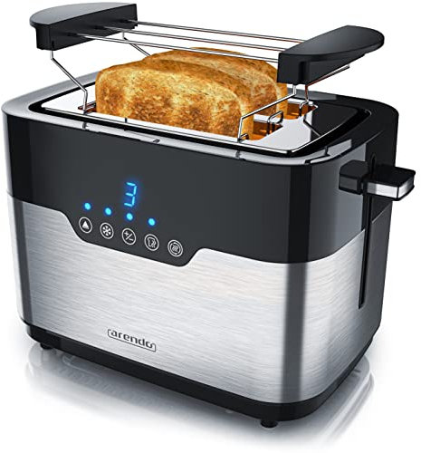 Arendo - Edelstahl Toaster 2 Scheiben mit LED Anzeige – Brötchenaufsatz - extra breite Schlitze – 7 Bräunungsstufen – einseitige Bräunungsfunktion für Brötchen Bagels und Baguettehälften