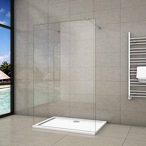 Parete Per Doccia Walk In Vetro 8mm Temperato Trasparente Anticalcare 90x200 cm con Doppia Barra Stabilizzatrice 70-120 cm Regolabile