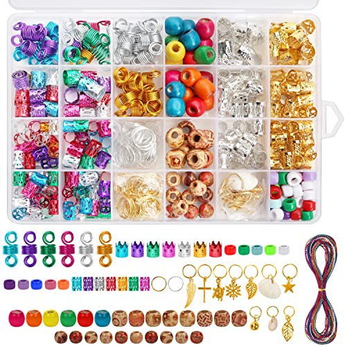 HANDI STITCH 410Stk Dreadlocks Schmuck & Haar Perlen - Braids Schmuck Gold, Silber & Bunt, Aluminium Metall Spiralen, Hair Cuff, Haarringe, Anhänger & Holz Haarperlen - Dread Schmuck & Zopf Schmuck