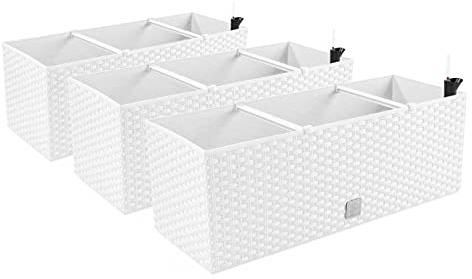 PAFEN 3X Blumenkasten Blumentopf Rattan-Optik - 60 x 25 x 24 cm - Pflanztopf Bewässerungssystem Balkonkasten Pflanzkästen, Weiß