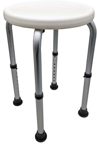 TIGA-MED Duschhocker höhenverstellbar 34–52 cm – Badhocker mit Sitzfläche Ø 32 cm und 4 Anti-Rutsch-Füßen – Aluminium, bis 110 kg, werkzeuglose Montage, Weiß