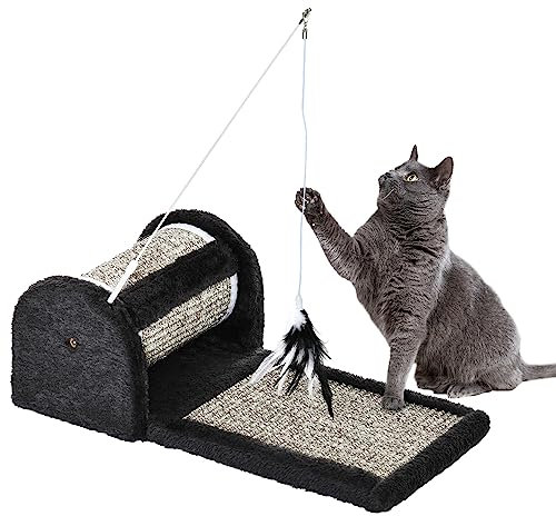 PawHut Cat Scratcher, Sisal Cat Scratching Board Mat Pad with Roller, Feather Toy, 44 x 24 x 16 cm, Grey