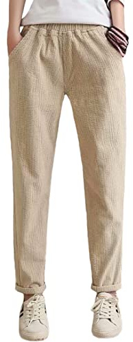 Himifashion Pantalon chaud décontracté en velours côtelé pour femme - Taille élastique - pour l’automne et l’hiver, kaki, L