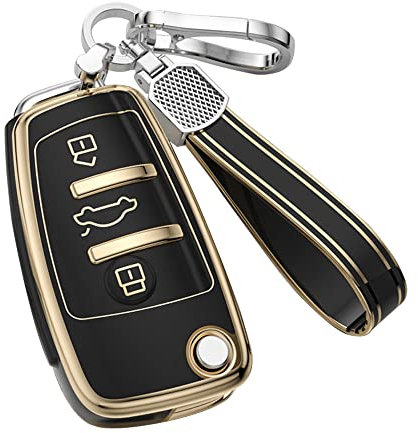 KUNIO Klapp Autoschlüssel Hülle Cover Passt für Audi C5 C6 R8 A1 A3 A4 A5 A6 A7 Q3 Q5 Q7 S6 B6 B7 B8 8P 8V 8L TPU Schlüsselhülle Schlüsselanhänger Schlüssel Etui Schlüsselbox 3 Tasten Schwarz