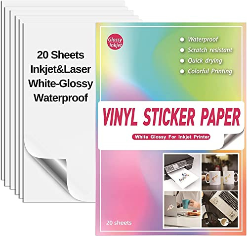 SKYIOL Vinyl Sticker zum Bedrucken für Tintenstrahldrucker A4 Glänzend Weiß - 20 Blätter Wasserfest