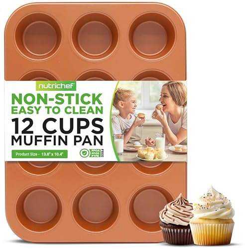 NutriChef 12-cup Copper Oven Muffin Pan, Non-Stick Coated Layer Surface, Even Heating Muffin Tray for Muffins, Cupcakes, Pastries & Mini Pies, Used for Model Number NCBSCC54