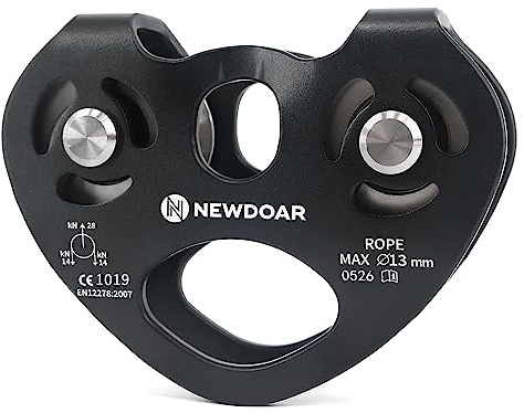 NewDoar Certifié CE 28KN Tandem Double Vitesse Poulie Double Poulie en Forme de Coeur Zip Line Câble de Sauvetage Chariot jusqu'à 13 mm Cordes pour l'escalade, Levage de Sauvetage (Noir)